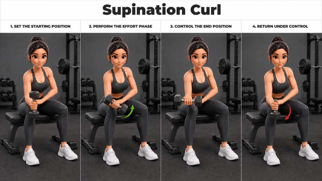 Supination Curl exercise guide showing 4 movement steps using dumbbell