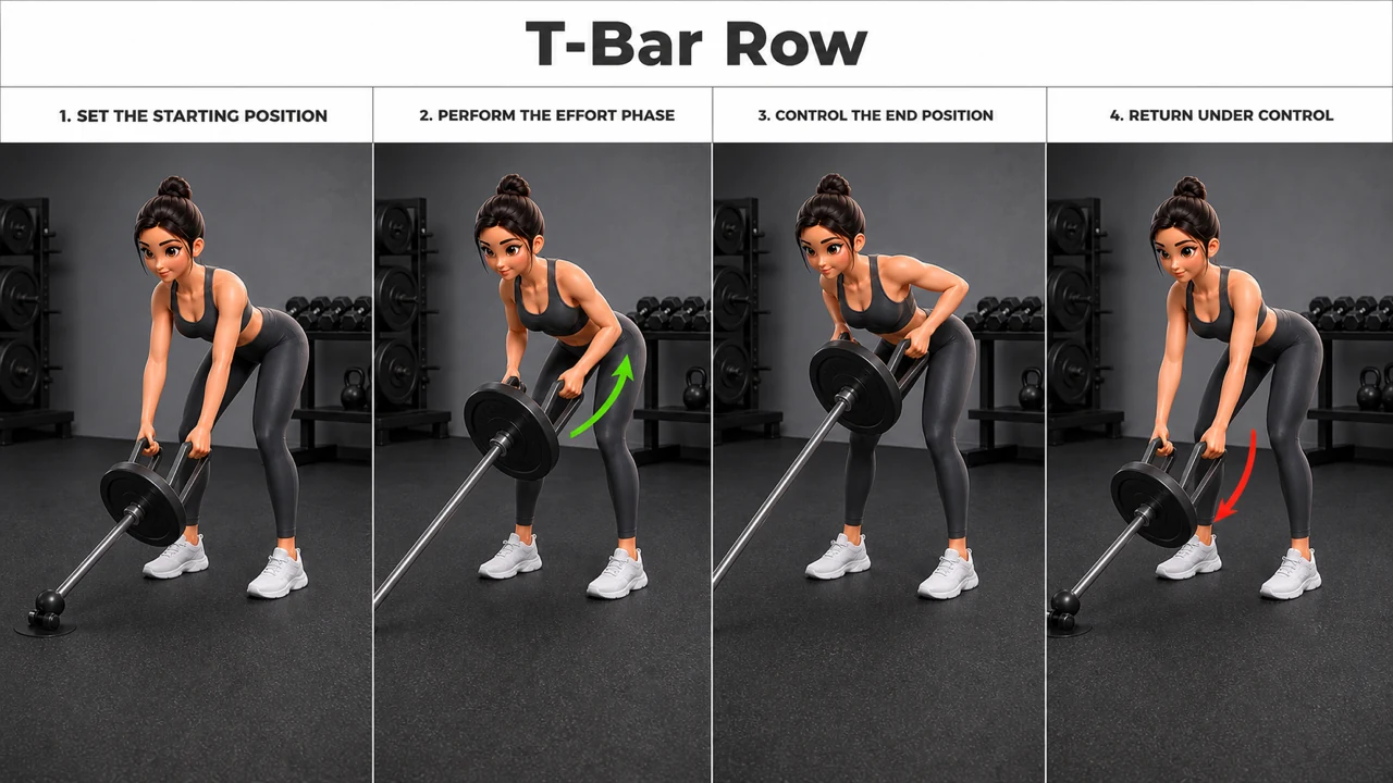T-Bar Row exercise guide showing 3 movement steps using T-bar row and close handle
