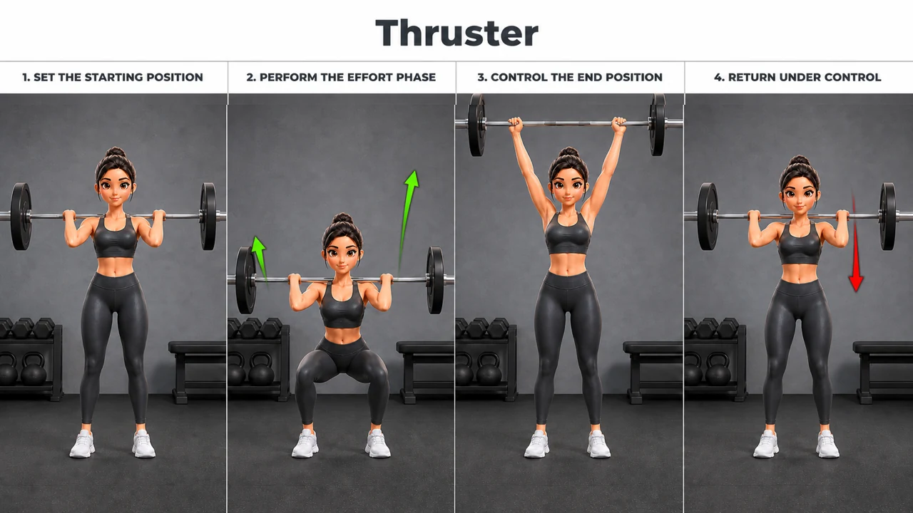 Thruster exercise guide showing 4 movement steps using barbell