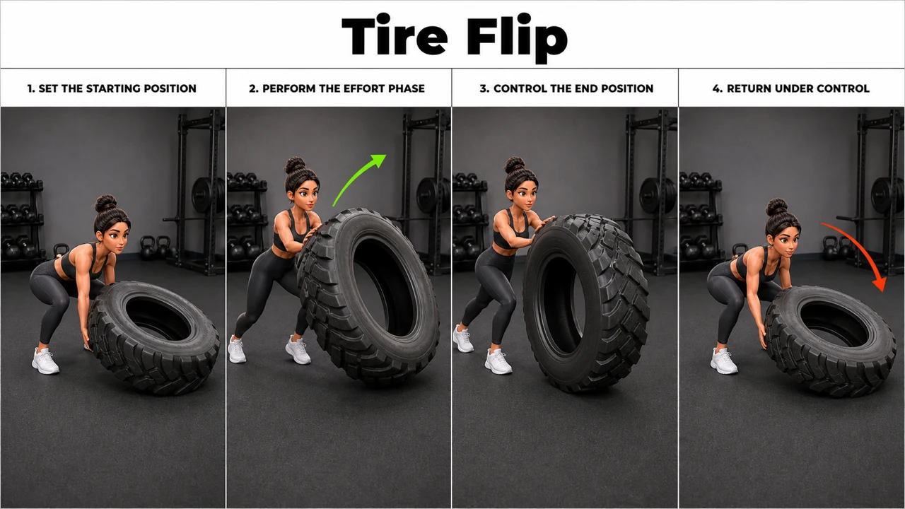 Tire Flip exercise image showing key movement positions with tractor tire