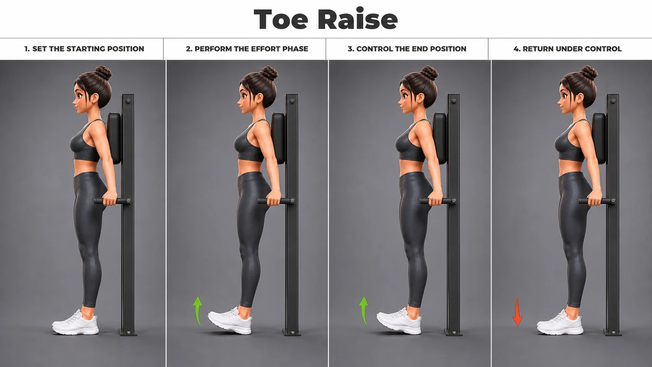 Toe Raise exercise guide showing 4 movement steps using wall or tibialis station