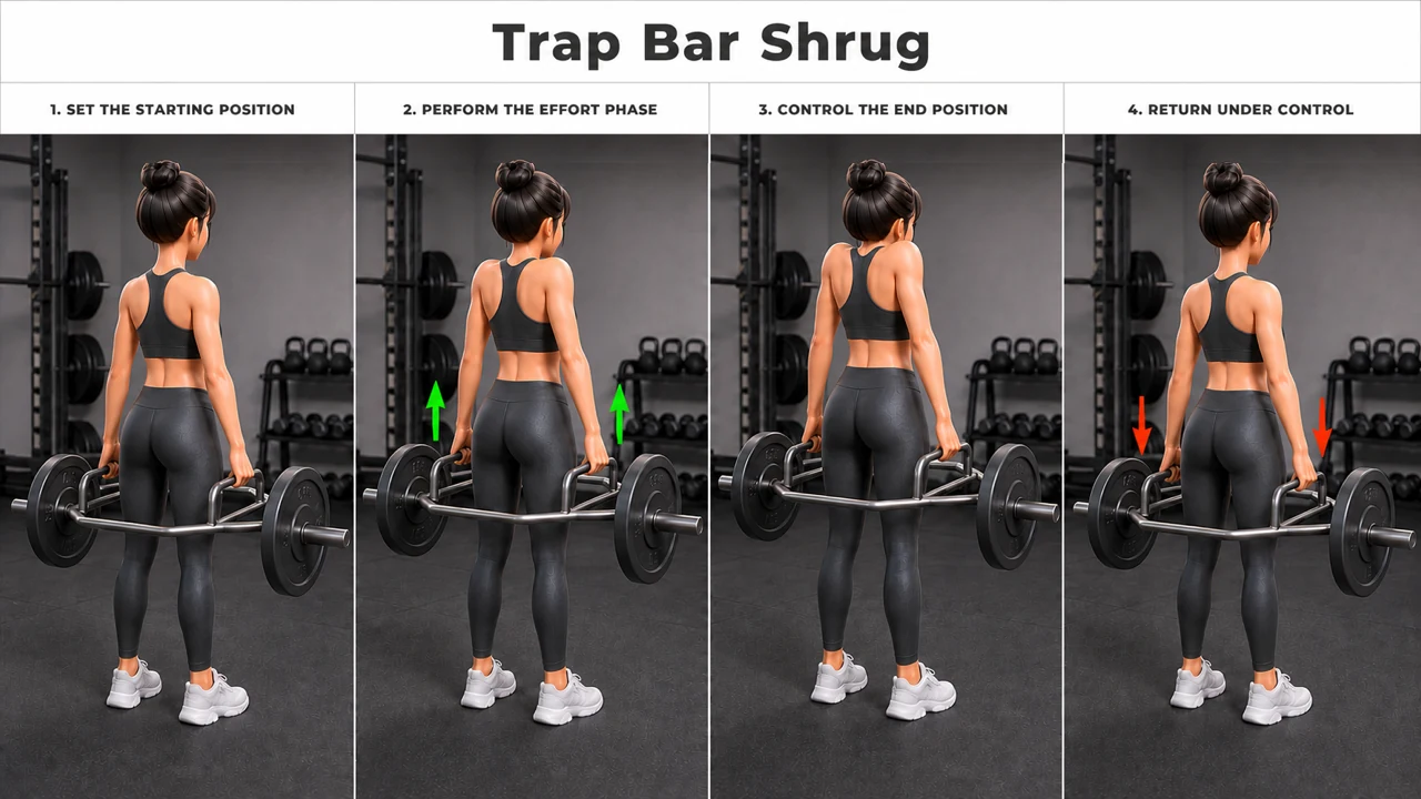 Trap Bar Shrug exercise guide showing 4 movement steps using trap bar