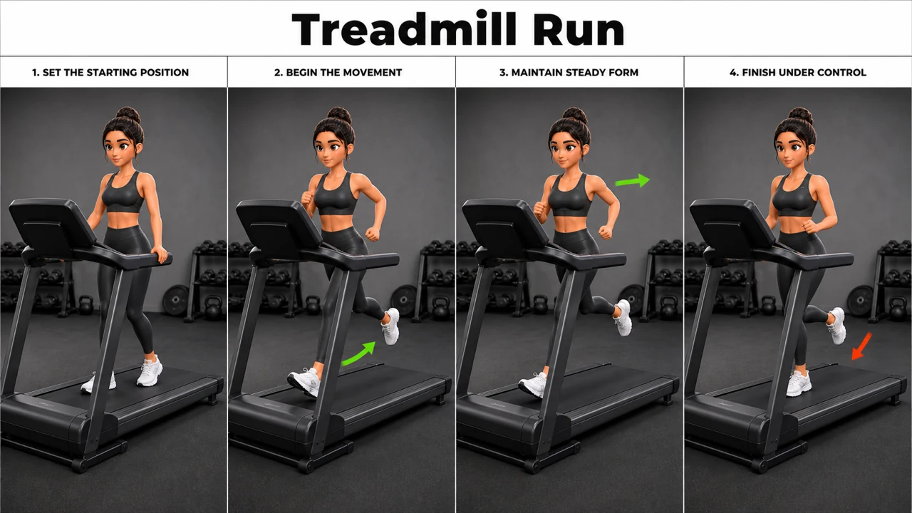 Treadmill Run exercise image showing key movement positions with treadmill