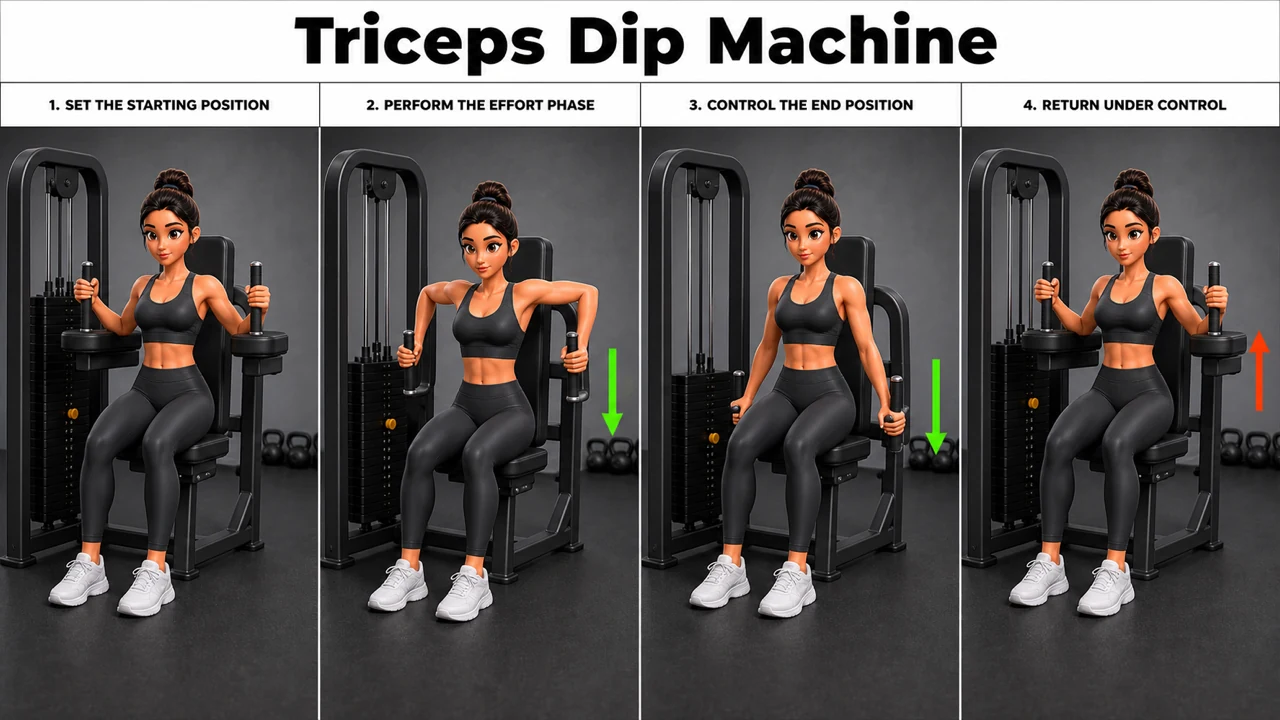 Triceps Dip Machine exercise image showing key movement positions with seated dip machine