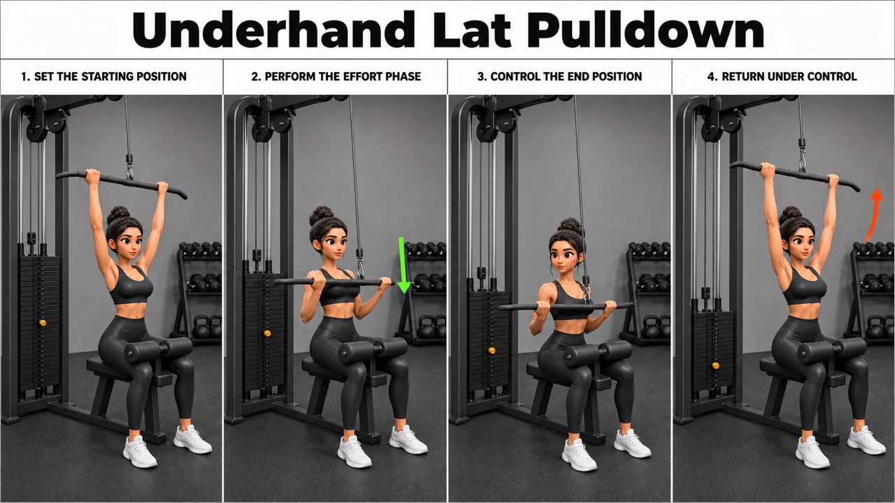 Underhand Lat Pulldown exercise image showing key movement positions