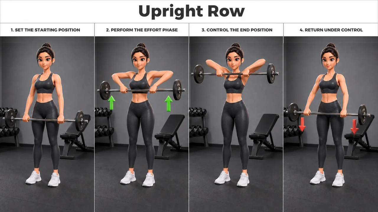 Upright Row exercise guide showing 4 movement steps using barbell