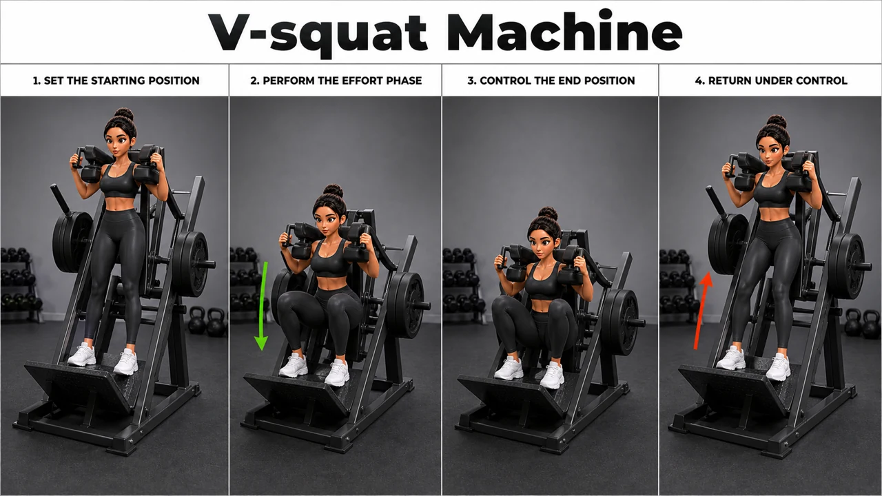 V-squat Machine exercise image showing key movement positions with V-squat machine
