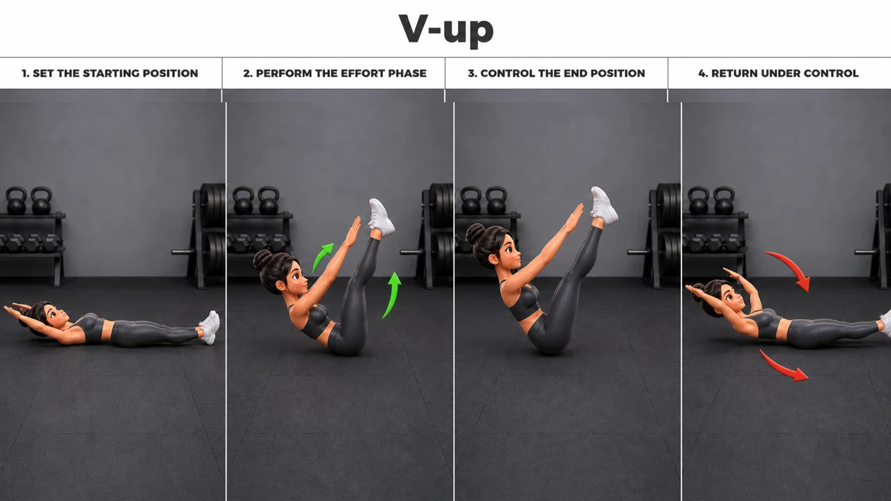 V-up exercise guide showing 4 movement steps