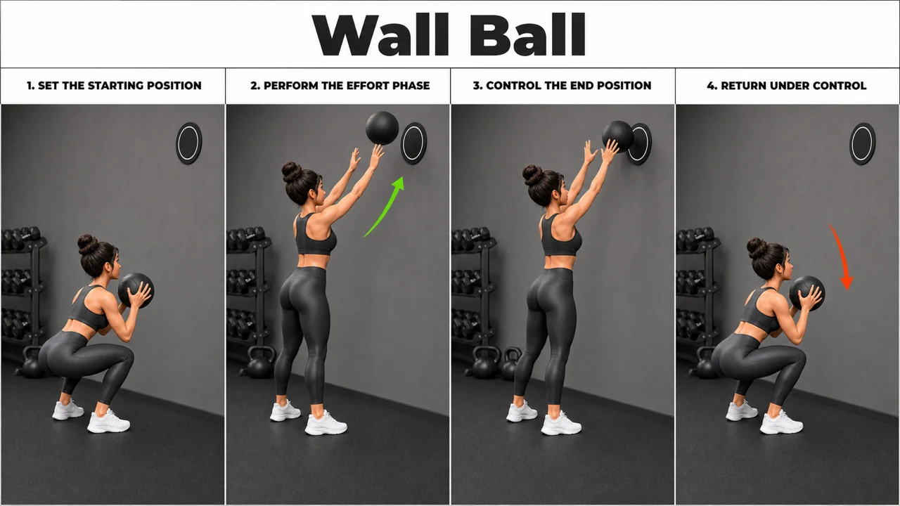 Wall Ball exercise image showing key movement positions with medicine ball and wall target