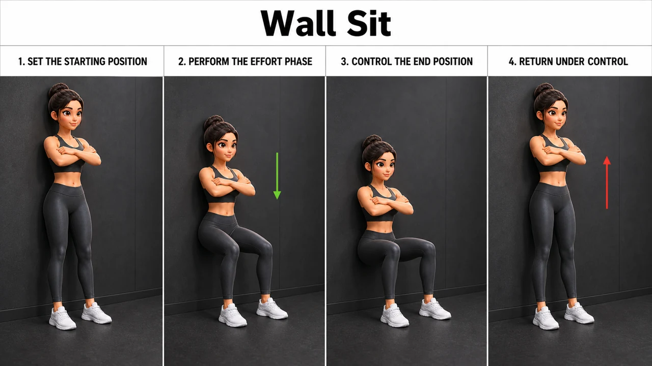 Wall Sit exercise guide showing 4 movement steps