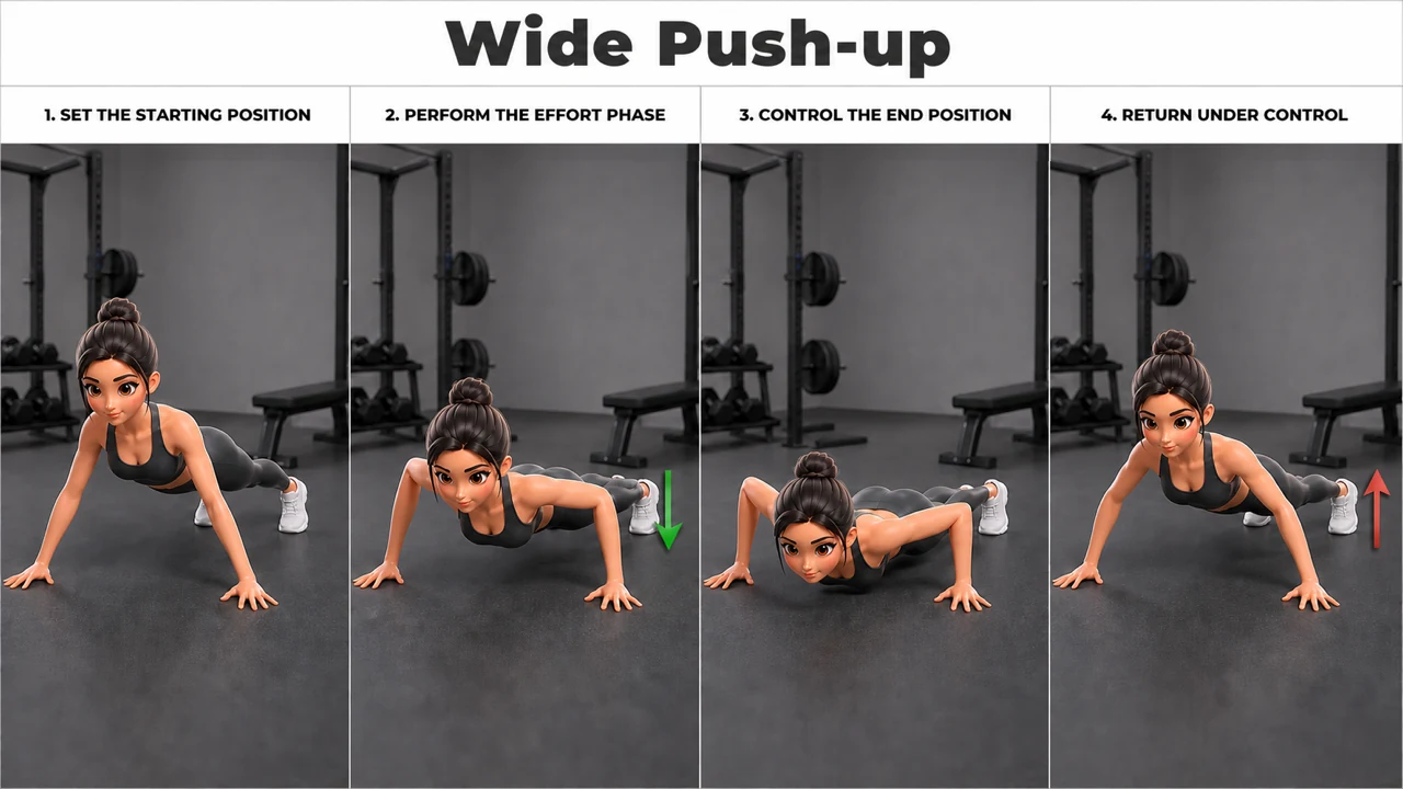 Wide Push-up exercise guide showing 4 movement steps