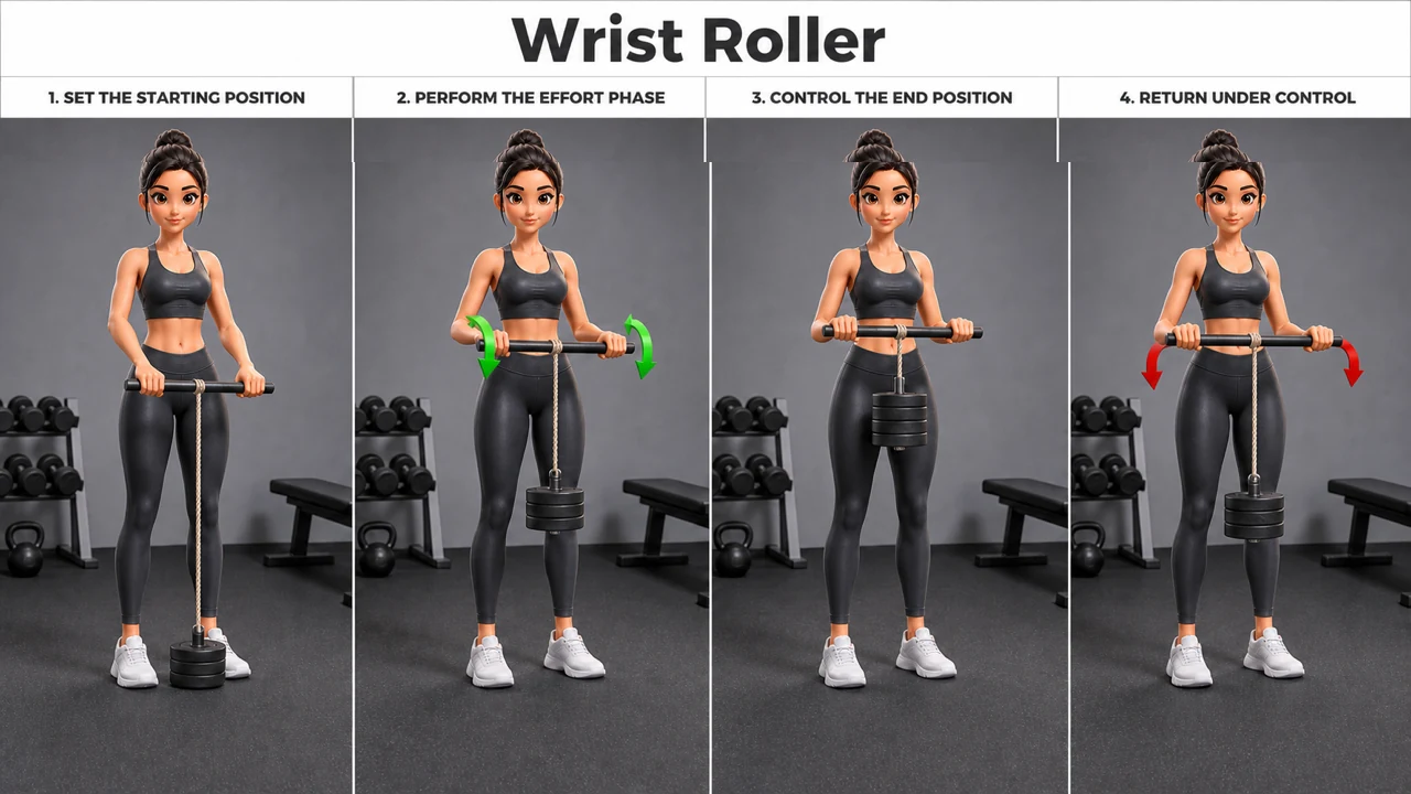 Wrist Roller exercise guide showing 4 movement steps using wrist roller