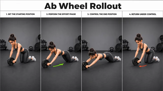 Ab Wheel Rollout exercise guide showing 4 movement steps using ab wheel