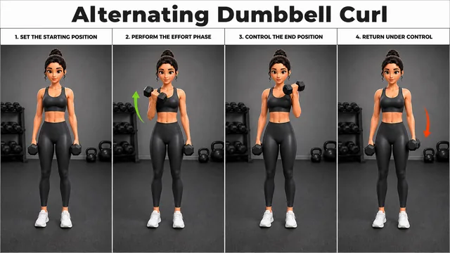 Alternating Dumbbell Curl exercise image showing key movement positions