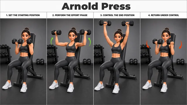 Arnold Press exercise guide showing 4 movement steps using upright bench and dumbbell pair