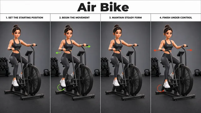 Air Bike exercise image showing key movement positions with air bike