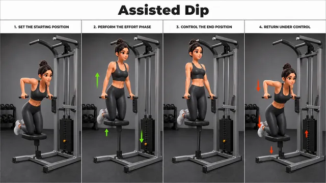 Assisted Dip exercise guide showing 3 movement steps using assisted dip machine