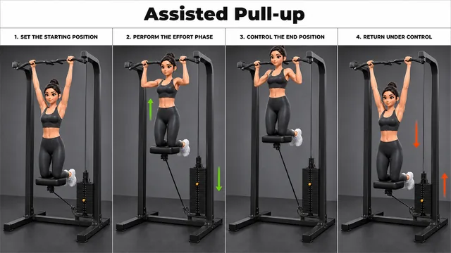 Assisted Pull-up exercise guide showing 3 movement steps using assisted pull-up machine