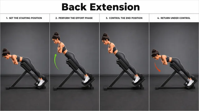Back Extension exercise guide showing 3 movement steps using 45-degree back extension bench