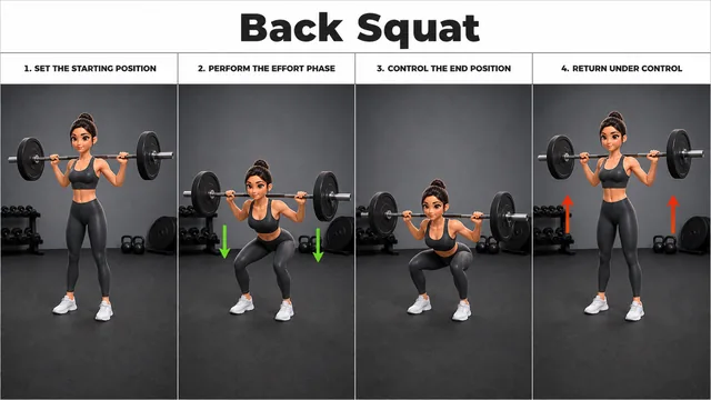 Back Squat exercise guide showing 4 movement steps using barbell