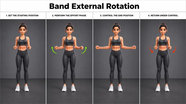Band External Rotation exercise guide showing 3 movement steps using resistance band