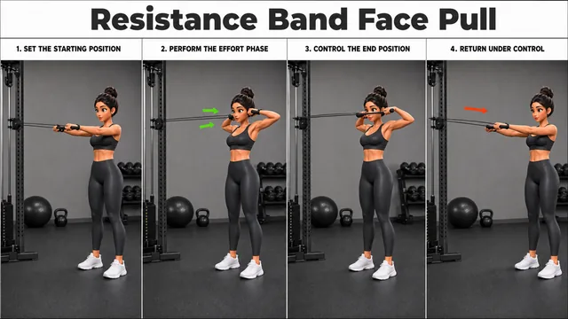 Resistance Band Face Pull exercise image showing key movement positions with resistance band