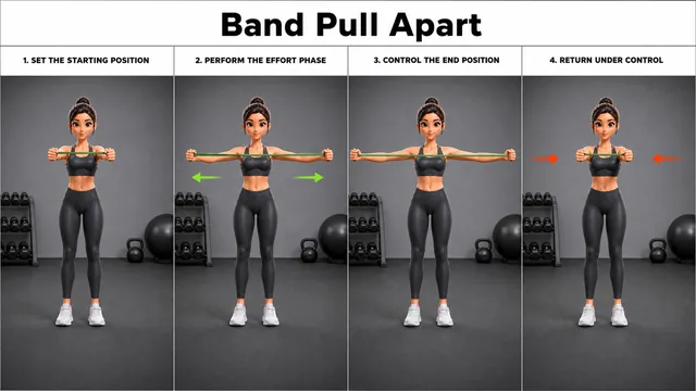 Band Pull Apart exercise guide showing 3 movement steps using resistance band
