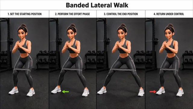 Banded Lateral Walk exercise guide showing 4 movement steps using resistance band