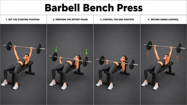Barbell Bench Press exercise guide showing 3 movement steps using flat bench and barbell