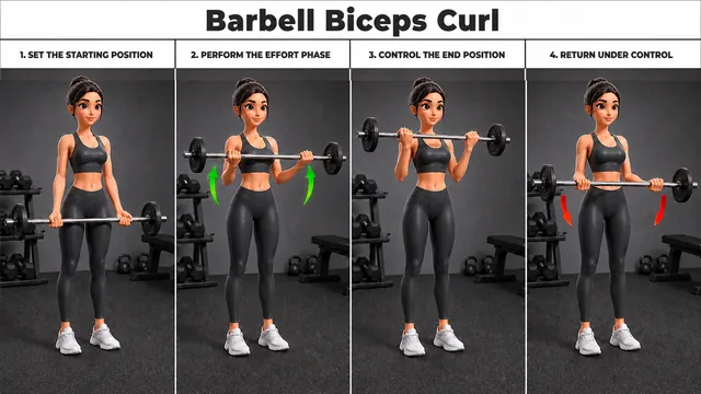 Barbell Biceps Curl exercise guide showing 4 movement steps using barbell