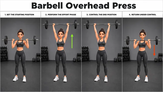 Barbell Overhead Press exercise guide showing 3 movement steps using barbell