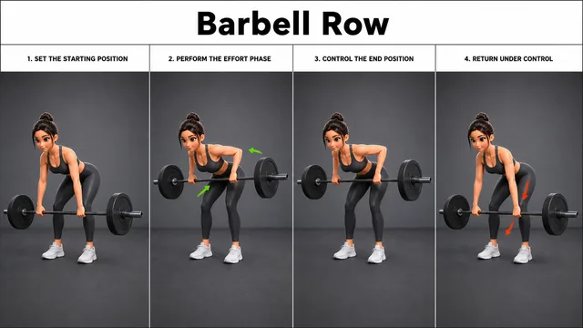 Barbell Row exercise guide showing 3 movement steps using barbell