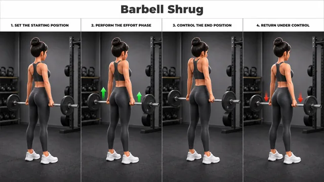 Barbell Shrug exercise guide showing 4 movement steps using barbell