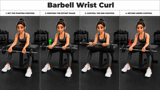 Barbell Wrist Curl exercise guide showing 4 movement steps using barbell and flat bench
