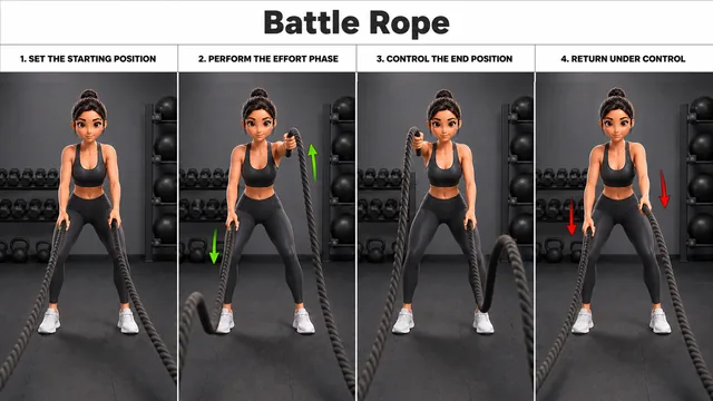 Battle Rope exercise guide showing 4 movement steps using battle ropes