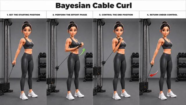 Bayesian Cable Curl exercise guide showing 4 movement steps using cable station