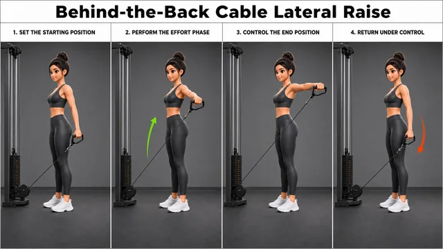 Behind-the-Back Cable Lateral Raise exercise guide showing 6 movement steps using low cable and D-handle