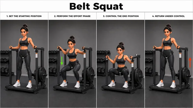 Belt Squat exercise image showing key movement positions with belt squat machine