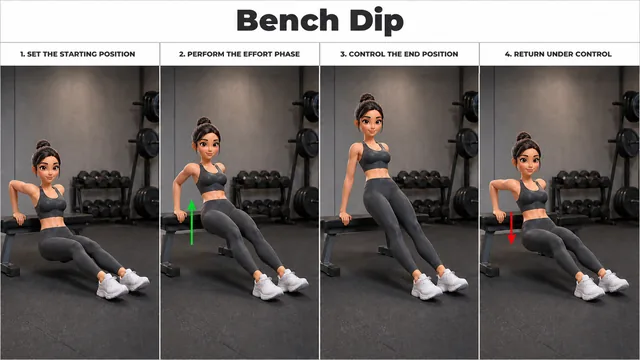 Bench Dip exercise guide showing 4 movement steps using flat bench