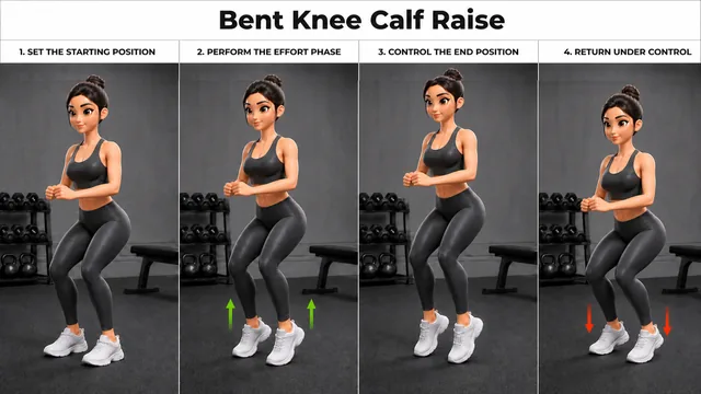 Bent Knee Calf Raise exercise guide showing 4 movement steps