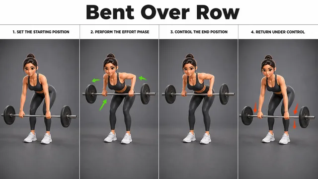 Bent Over Row exercise guide showing 3 movement steps using barbell