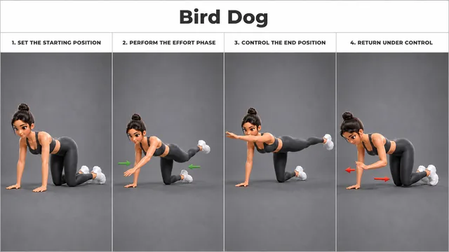 Bird Dog exercise guide showing 4 movement steps