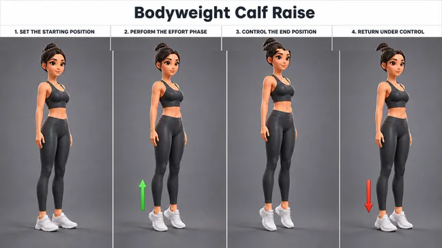Bodyweight Calf Raise exercise guide showing 4 movement steps