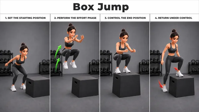 Box Jump exercise guide showing 4 movement steps using plyometric box