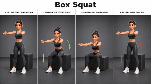 Box Squat exercise guide showing 4 movement steps using plyometric box