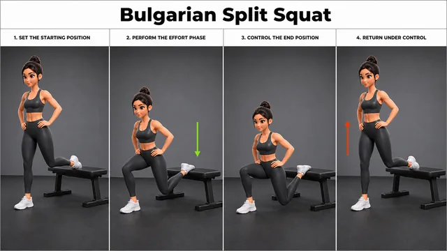 Bulgarian Split Squat exercise guide showing 4 movement steps using flat bench