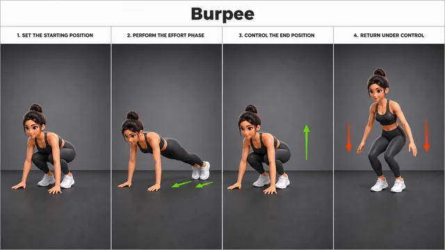 Burpee exercise guide showing 5 movement steps