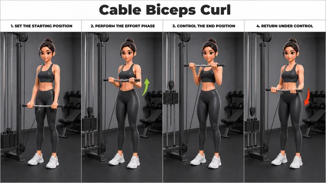 Cable Biceps Curl exercise guide showing 4 movement steps using cable station