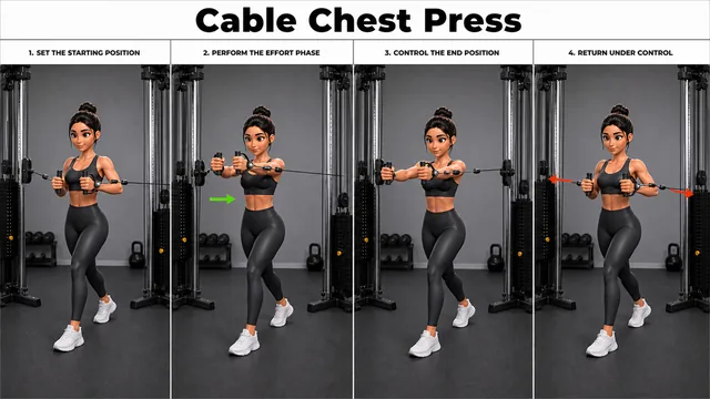 Cable Chest Press exercise image showing key movement positions with dual cable machine