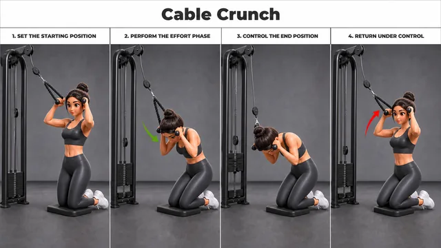 Cable Crunch exercise guide showing 4 movement steps using cable station